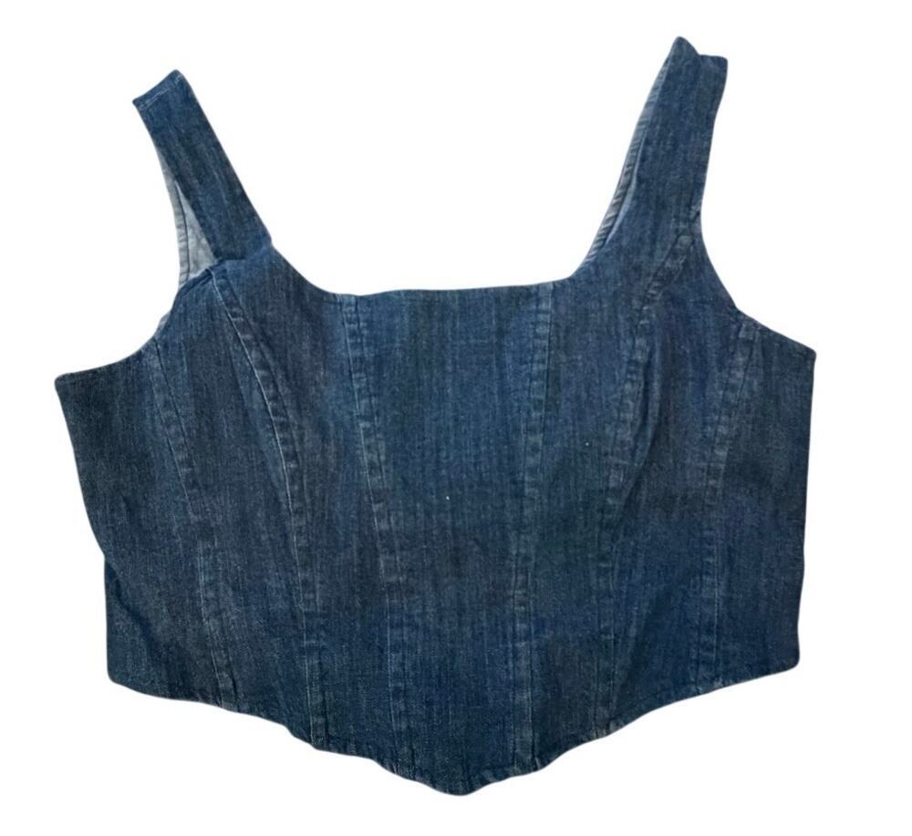 Mi Ami Corset Crop Top Saveena Size Large Navy Denim Square Neck Back Zip